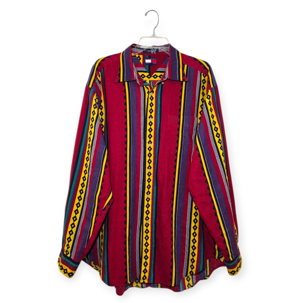 TOMMY HILFIGER Vintage 90s Colorful Abstract Button Down Shirt Red Multi XL